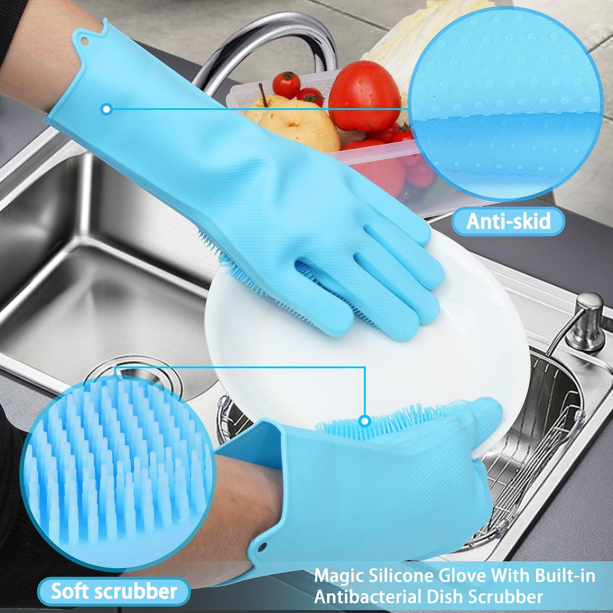 Silicone Dishwashing Gloves with Built-in Scrubbers – Heat Resistant & Reusable